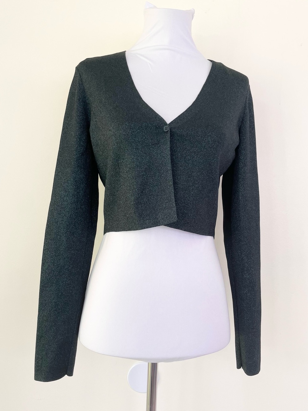 H&M COS Metallic Evergreen Cropped Cardigan Sweater XS Green Emerald Holiday